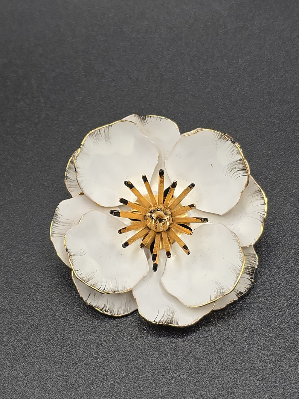 VTG White Enamel Flower Brooch Gold Tone Layered Petals Dimensional Floral 2"